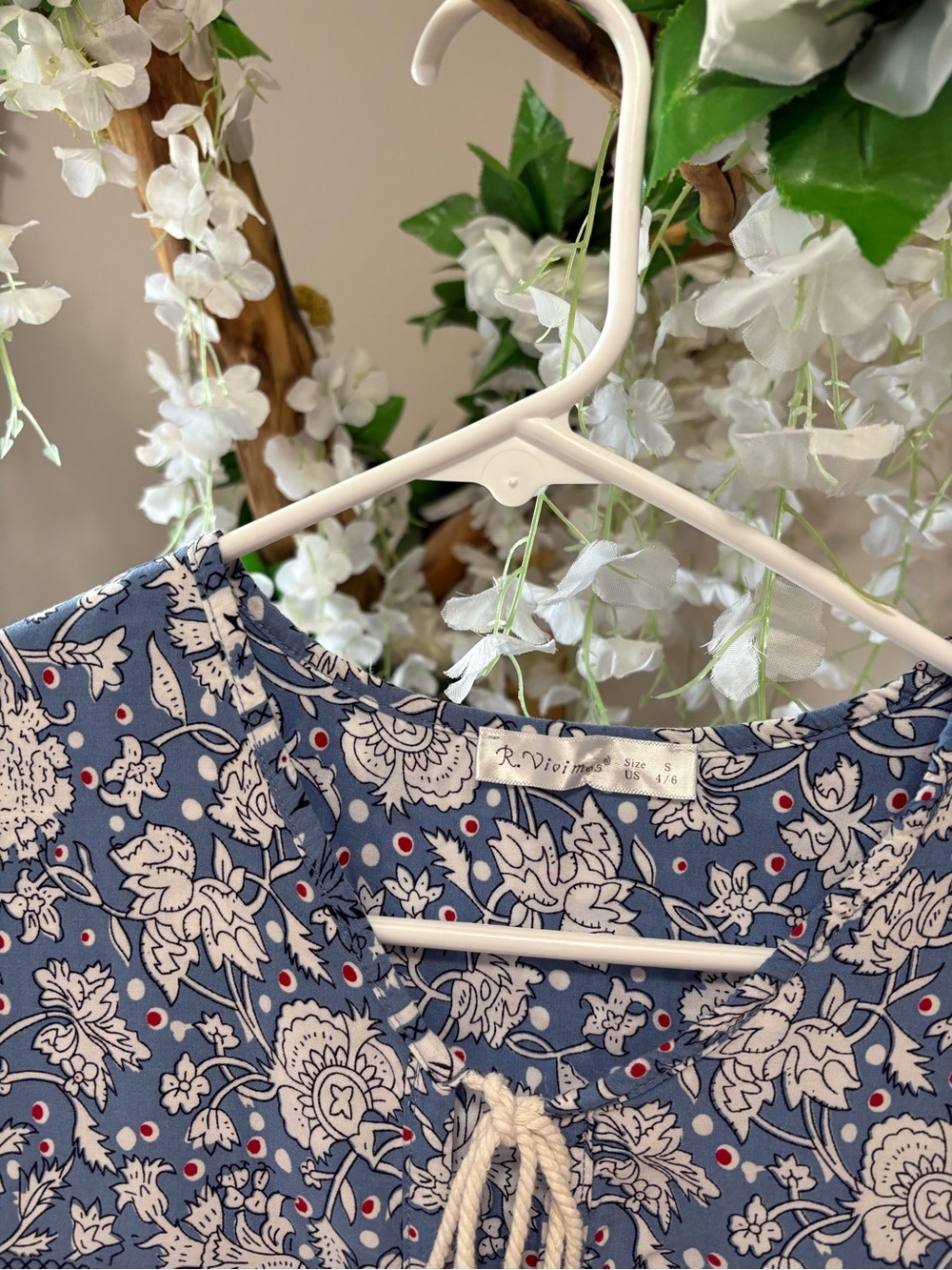 R Vibimos Blue Floral Midi Dress with Tassel Tie and Long Sleeves - Picture 4 of 5
